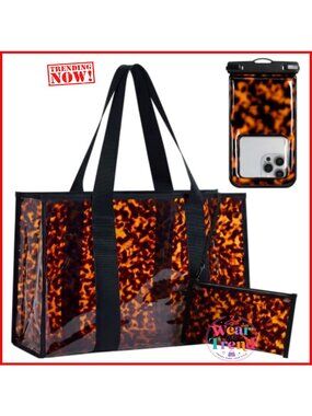Retro Tortoise PVC Tote Bag Set with Zippered Pouch Waterproof Large Handbag